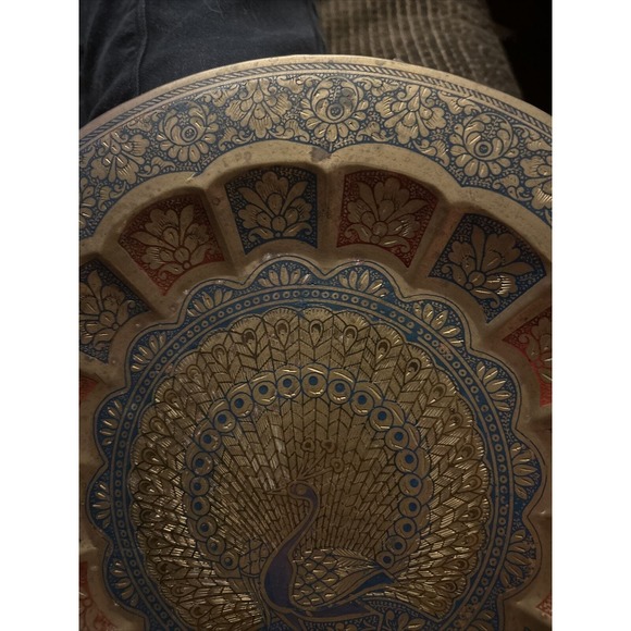 Vintage Brass Peacock Plate Metal Tray Enameled Etched Wall Hanging Decorative - Picture 6 of 11